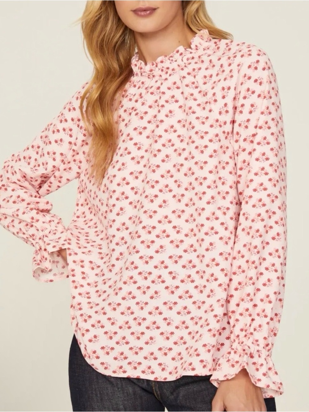 Hill House Long Sleeve Pink Floral Feminine Ruffle Neck Blouse Top Chic XL